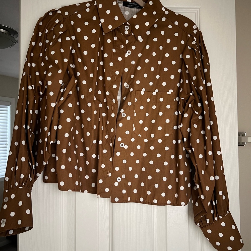 Bershka Brown Polka Dot Button Down Shirt - Picture 3 of 3